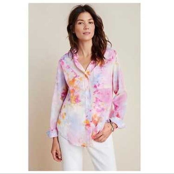 Anthropologie Pilcro MEDIUM The Cate Classic Pink Tie Dye Button Down Shirt - Picture 1 of 9